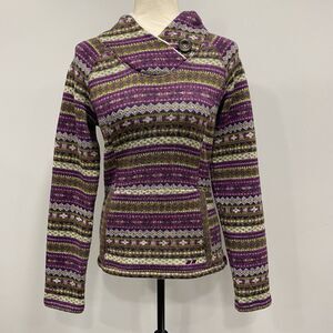 KOPPEN S Purple Nordic Fair Isle Sherpa Hooded Knit Sweater Pullover Ski Winter